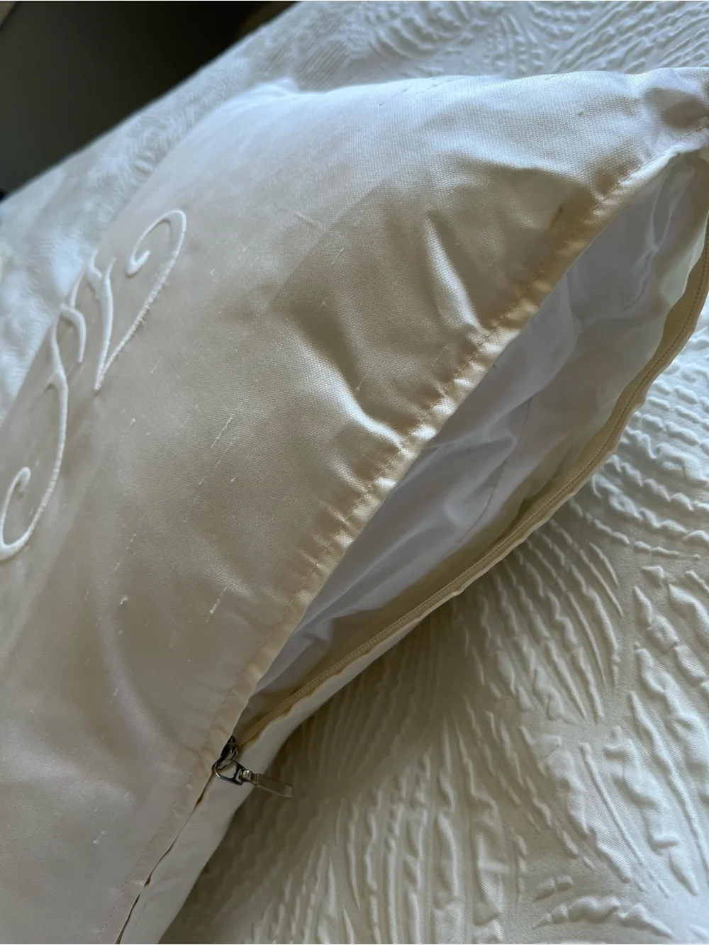 Embroidered Monogram White Decorative Pillow - Classic Bedding Accent